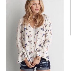 AE Floral Bell Sleeve Choker Blouse size M